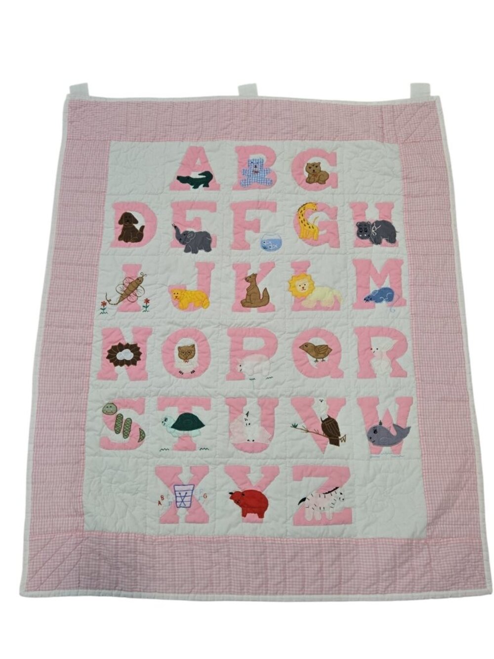 Vintage OOAK Handmade Baby Crib Quilt Blanket Alphabet Pink Nursery w Hang Tabs